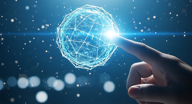 A finger touches a glowing digital sphere, representing technology, innovation, and the future of connectivity in a modern, abstract design concept