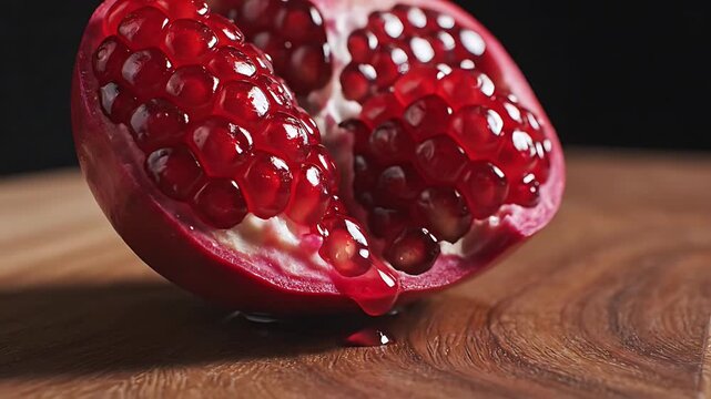 Close-Up of Fresh Pomegranate Half with Glistening Red Seeds Ruby Juice Dripping onto a Rustic Wooden Board Delicious Healthy and Organic Superfruit Detail