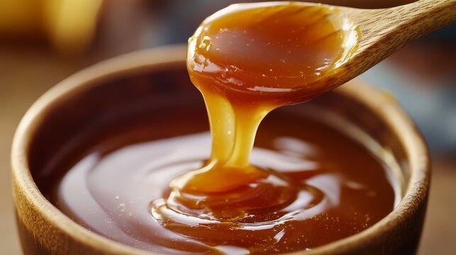 a rich, golden-brown salted caramel sauce swirling in a small bowl, with a wooden spoon lifting a thick, gooey strand, creating a mesmerizing stretch of glossy, melted sweetness