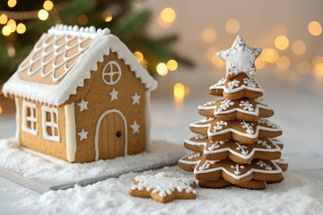 Gingerbread house and christmas tree cookies creating a festive holiday scene