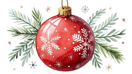 Festive red christmas ornament with delicate white snowflakes and green pine branches on a white background