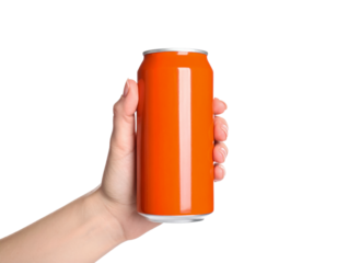 Orange soda can mockup held by hand on black background isolated on transparent background