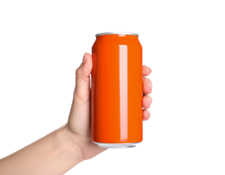 Orange soda can mockup held by hand on black background isolated on transparent background - Powered by Adobe
