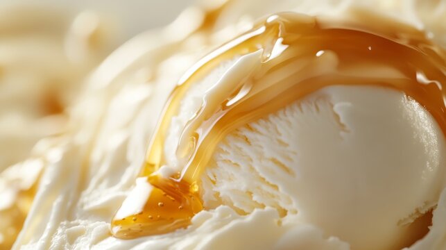 a high-resolution shot of melting vanilla ice cream, golden caramel dripping in slow motion, the glossy surface glistening under soft lighting, isolated on white