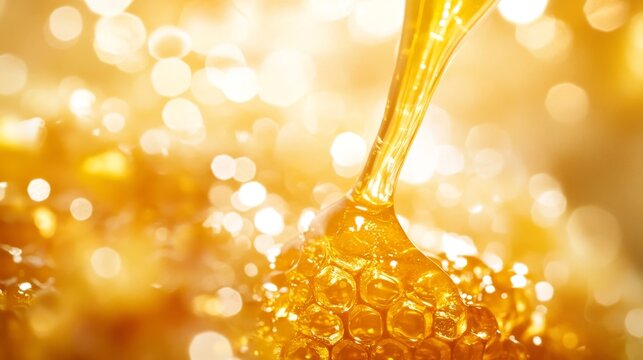 a high-definition shot of thick, glistening honey flowing from a perfectly structured honeycomb, suspended mid-air, warm golden tones contrasting with the bright white backdrop