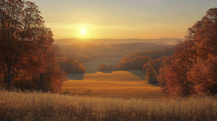 Fototapeta premium Sweeping view of countryside in autumn with vibrant trees and golden sunset
