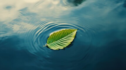 A single green leaf floating on calm water surface