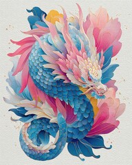 Colorful Dragon Illustration Surrounded by Vibrant Floral Elements