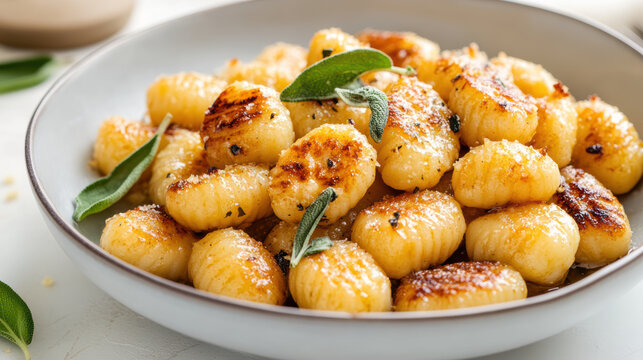 Golden brown gnocchi in brown butter sage sauce with crispy edges and savory aroma