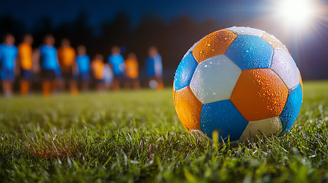 A close-up of a vibrant soccer ball on a wet grass field, showcasing the excitement of the game under nighttime lighting.