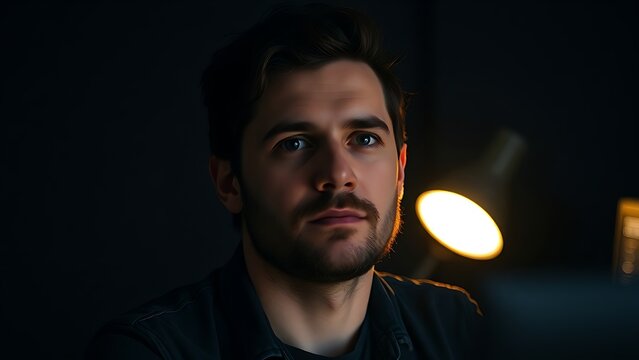 debugging. A programmer working at night, focused under the warm glow of a desk lamp in a dark environment. product launch decks.