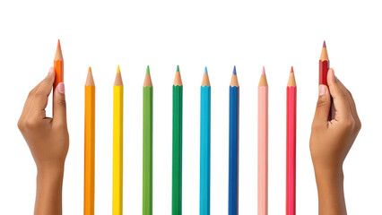 Diverse hands hold colorful pencils, symbolizing creativity education isolated on white background