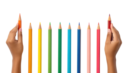 Diverse hands hold colorful pencils, symbolizing creativity education isolated on white background