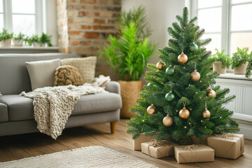 Cozy living room with decorated christmas tree and wrapped gifts for a festive holiday setting