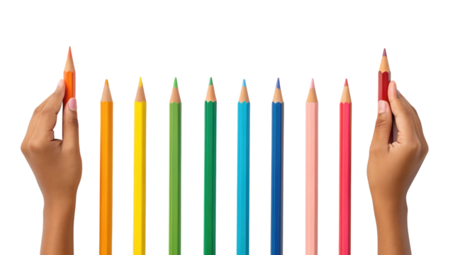 Diverse hands hold colorful pencils, symbolizing creativity education isolated on white background