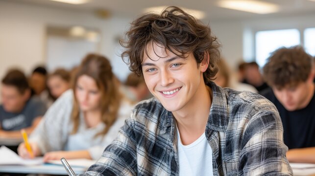 Young caucasian male student smiling in classroom with diverse students in background