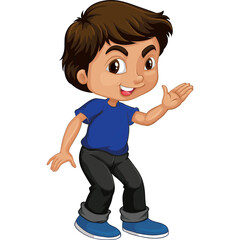 Smiling Young Boy Wearing a Blue T Shirt and Dark Pants Waving Happily With Transparent Background
