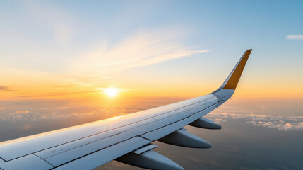 Golden hour airplane wing over clouds with sunset glow, warm sky and travel mood