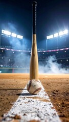 Baseball and bat at stadium, focus on ball in front of home plate; stadium is filled with smoke and crowd