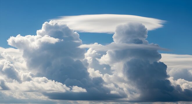 Clouds Towering cumulonimbus under a lenticular cloud on a bright blue sky - Powered by Adobe