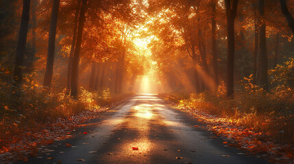 Obraz premium Tranquil roadway framed by forest trees in natural setting with warm sunlight