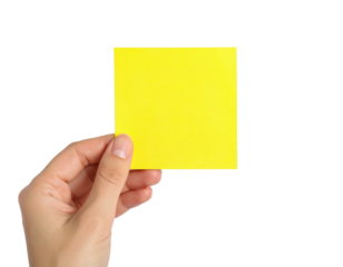 Hand holding yellow sticky note for message reminder concept on transparent background