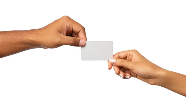 Diverse hands exchanging blank white card for business and gift isolated on white background