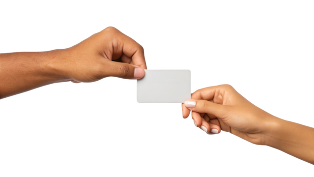Diverse hands exchanging blank white card for business and gift isolated on white background