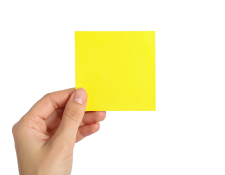 Hand holding yellow sticky note for message reminder concept on transparent background