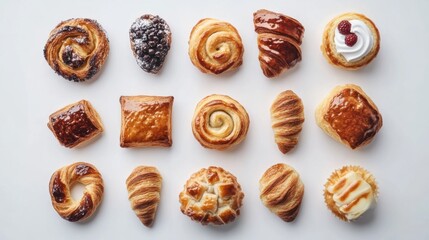Assortment of artisan pastries arranged on a white background