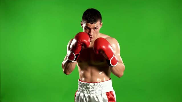 Muscular boxer wearing red gloves stands in fighting pose