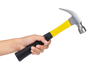 Hand holding claw hammer tool for construction and home repair on transparent background