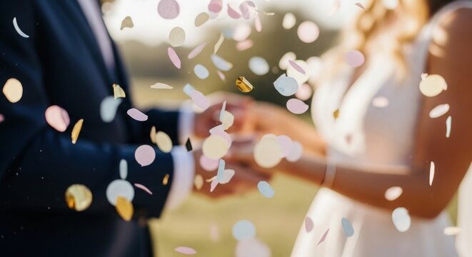 A couple holds hands during a wedding ceremony, surrounded by colorful confetti. The bride wears a white dress, and the groom is in a dark suit. - Powered by Adobe