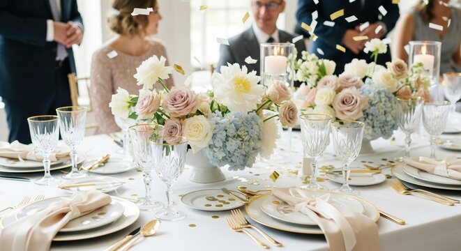 A beautifully arranged wedding table with floral centerpieces. Soft pink and white roses, hydrangeas, and elegant glassware create a romantic atmosphere. Confetti falls gently.