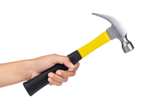 Hand holding claw hammer tool for construction and home repair on transparent background