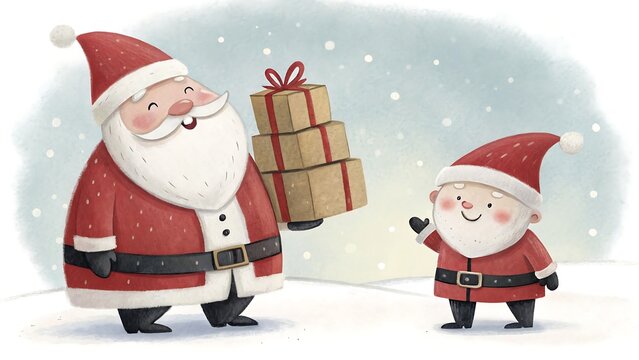 Charming watercolor illustration of a jolly santa claus holding gifts and a small elf waving hello during a snowy winter day