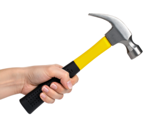 Hand holding hammer tool construction equipment repair diy project on transparent background