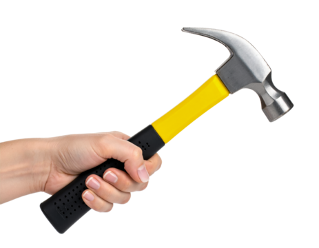 Hand holding hammer tool construction equipment repair diy project on transparent background