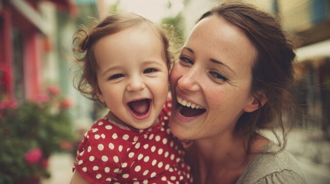 A smiling mother holds her cheerful daughter close. They both have big smiles and are enjoying a sunny day in a lively street decorated with flowers. It's a moment of pure happiness.