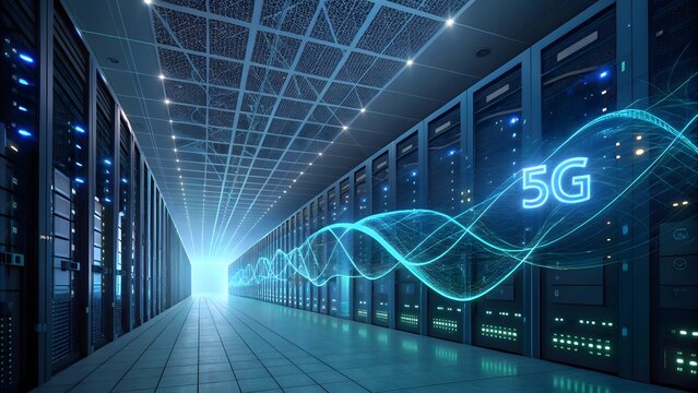 Illuminating the future a server room pulsating with 5g connectivity, data streams, and cuttingedge technology, showcasing the digital ages infrastructure