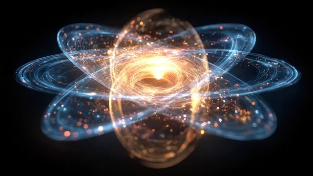 Glowing atom model with orbital rings, sparks, and core energy emitting from the center on black