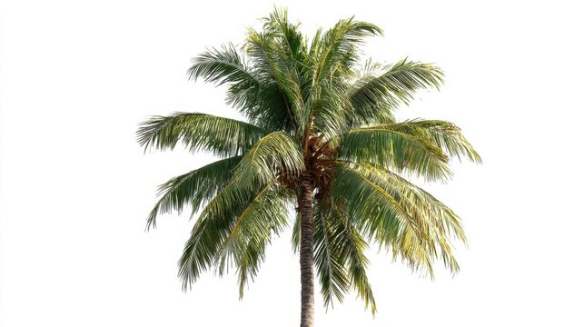 A vibrant palm tree is showcased against a bright blue sky, featuring lush green fronds that sway gently in the warm breeze. This tropical scene evokes a sense of calm and relaxation.
