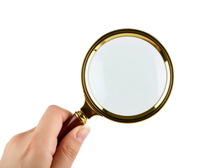 Magnifying glass in hand for search analysis and investigation on transparent background