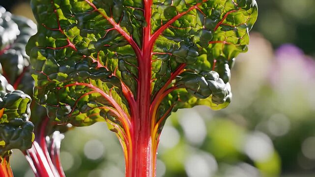 Vibrant Red Swiss Chard Stems and Lush Green Leaves Glistening in Natural Sunlight Organic Garden Close Up of Healthy Produce Fresh Vegetable Cultivation