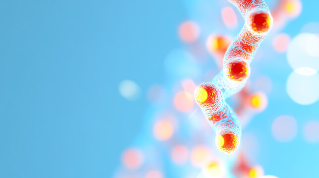 A close-up view of a DNA strand with colorful, glowing elements representing genetic information and molecular structure.