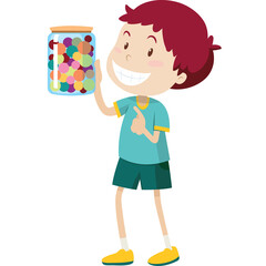 Smiling Young Boy Holding A Glass Jar Filled With Colorful Candy Against A Transparent Background