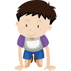 Smiling young boy in purple shirt and blue shorts crawling on transparent background joyful innocent child with short brown hair and light skin tone