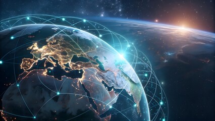 Obraz premium A global network connecting the earth with glowing lines and nodes, symbolizing international communication, data transfer, and technological advancement