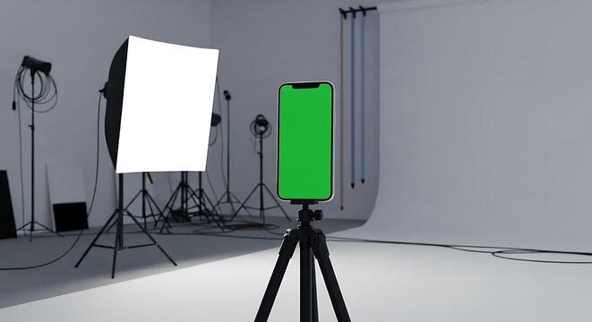 Smartphone on tripod with green screen in professional studio lighting setup
