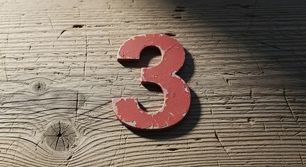 Red number three with a distressed, rustic texture, casting a soft shadow on a weathered wooden background, symbolizing progression or a countdown